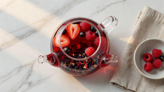 Vruchteninfusie met aardbei, framboos en cassis in een glazen theepot