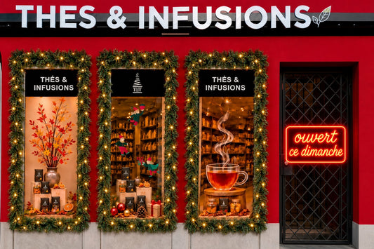 Boutique Teatower décorée pour les fêtes, enseigne « Ouvert ce dimanche »