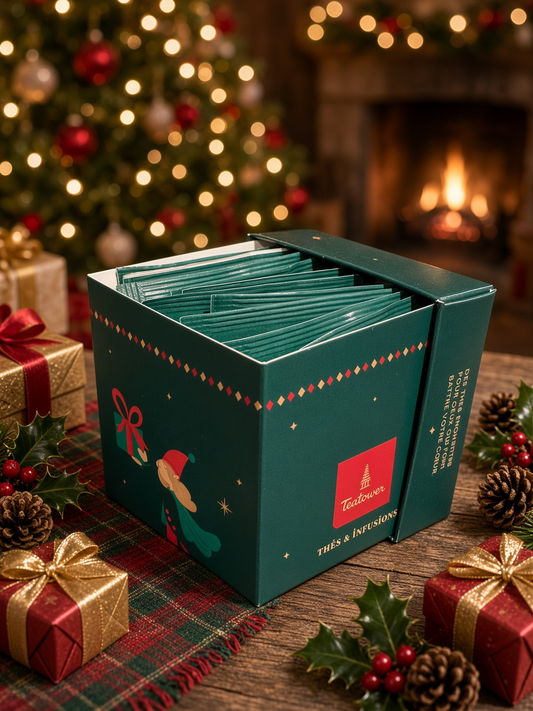 Coffret Cacahuète 2026 Teatower, 10 infusettes, dans un décor de Noël