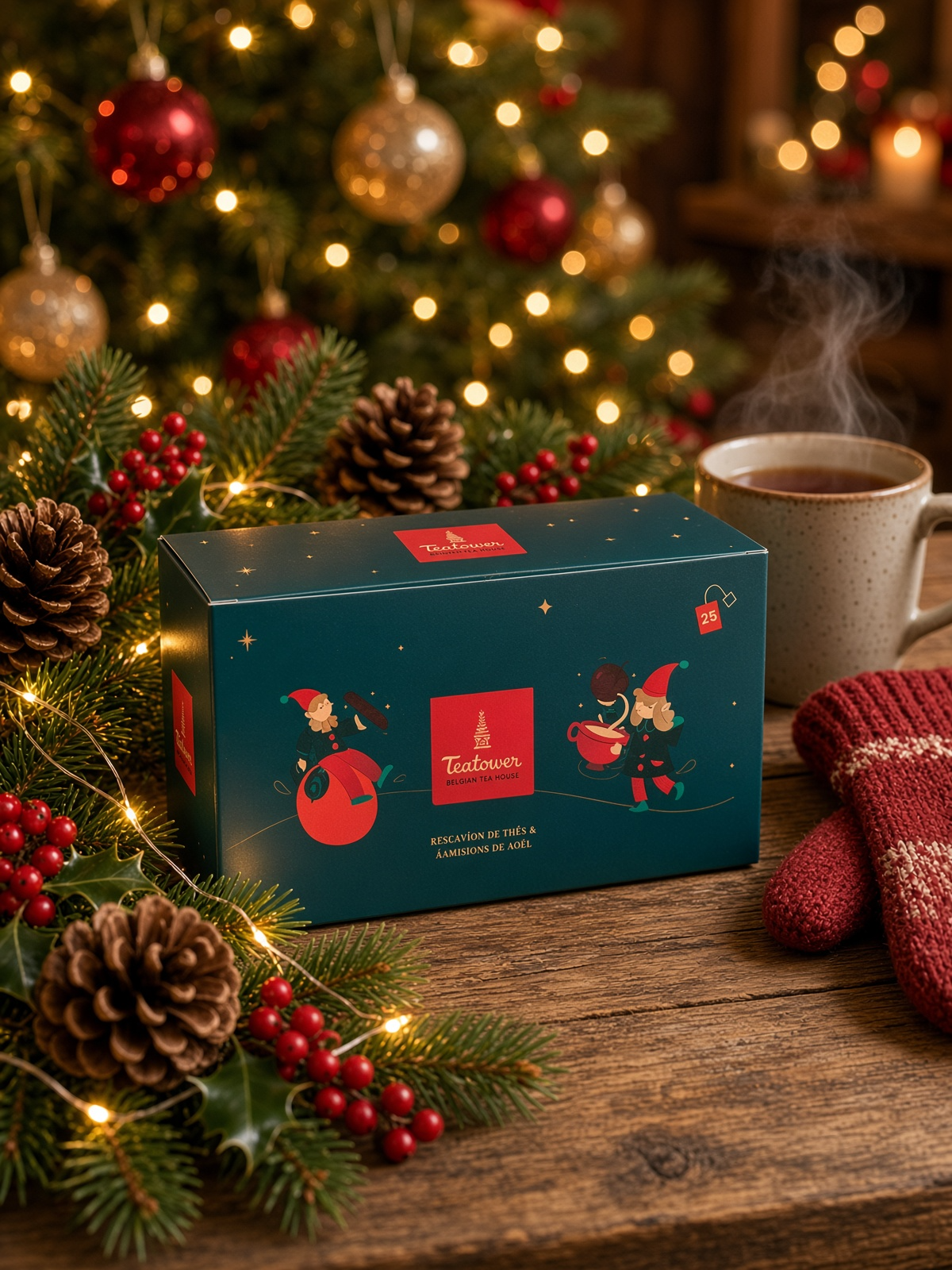 Coffret découverte de Noël 2026 Teatower, thés et infusions, dans un décor de Noël