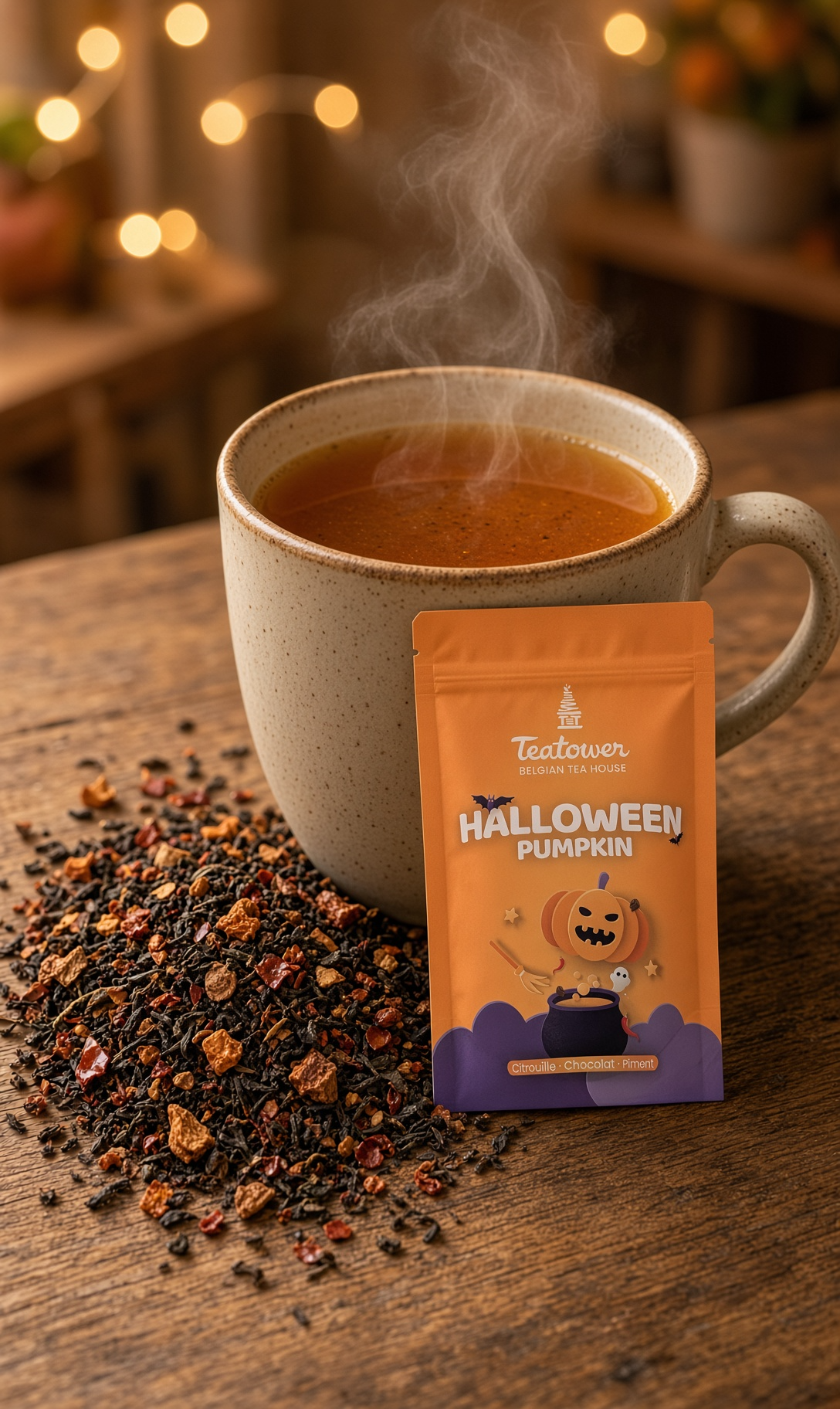 Teatower Halloween Pumpkin 2026 — tasse fumante et thé en vrac citrouille chocolat piment