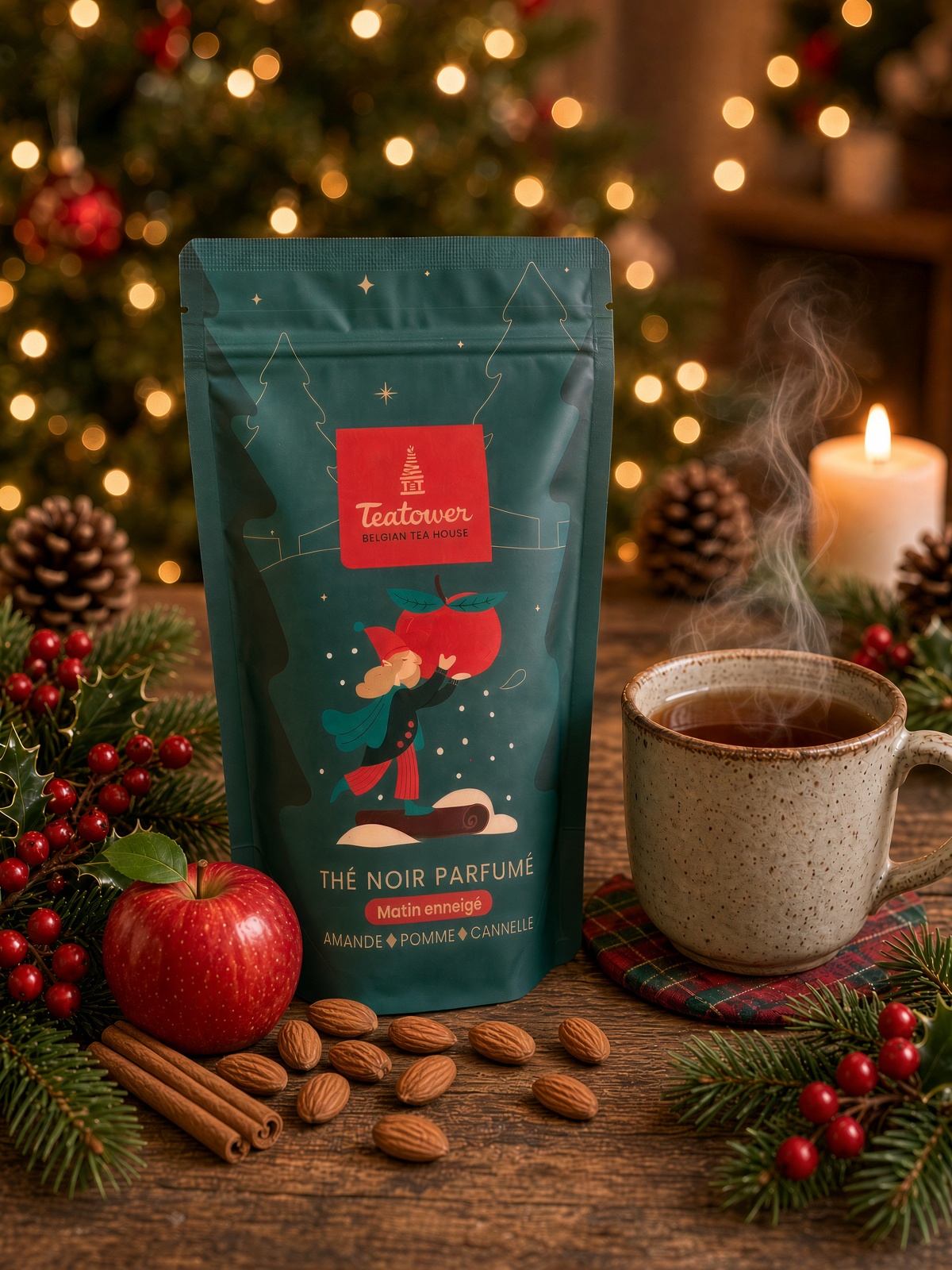 Teatower Matin enneigé 2026 — thé noir parfumé amande, pomme, cannelle, sachet de Noël